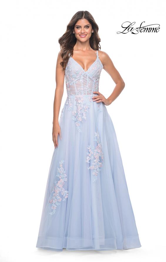 La Femme 31939 prom dress images. La Femme 31939 is available in these colors: Lavender, Light Blue, Sage, Silver.