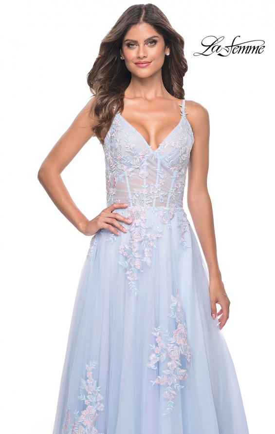 La Femme 31939 prom dress images. La Femme 31939 is available in these colors: Lavender, Light Blue, Sage, Silver.