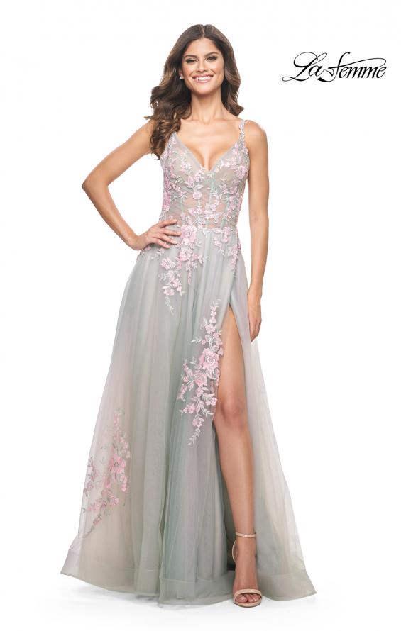 La Femme 31939 prom dress images. La Femme 31939 is available in these colors: Lavender, Light Blue, Sage, Silver.