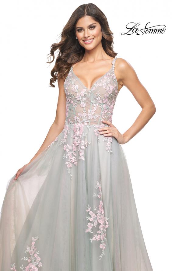 La Femme 31939 prom dress images. La Femme 31939 is available in these colors: Lavender, Light Blue, Sage, Silver.