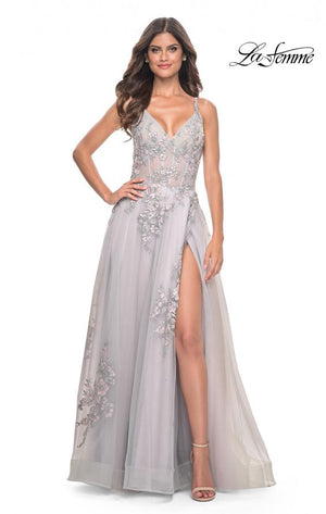 La Femme 31939 prom dress images.  La Femme 31939 is available in these colors: Lavender, Light Blue, Sage, Silver.
