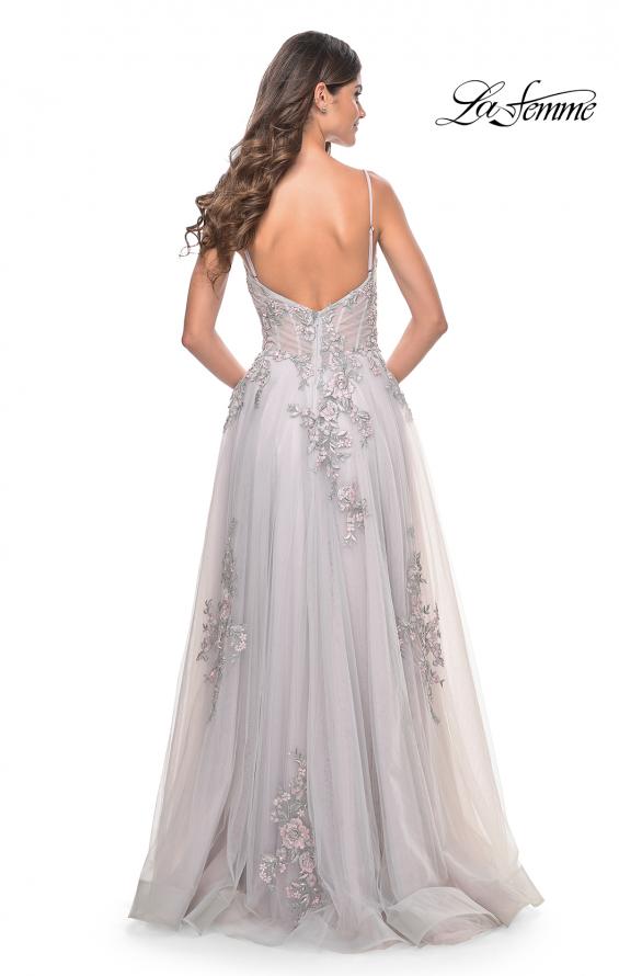 La Femme 31939 prom dress images. La Femme 31939 is available in these colors: Lavender, Light Blue, Sage, Silver.