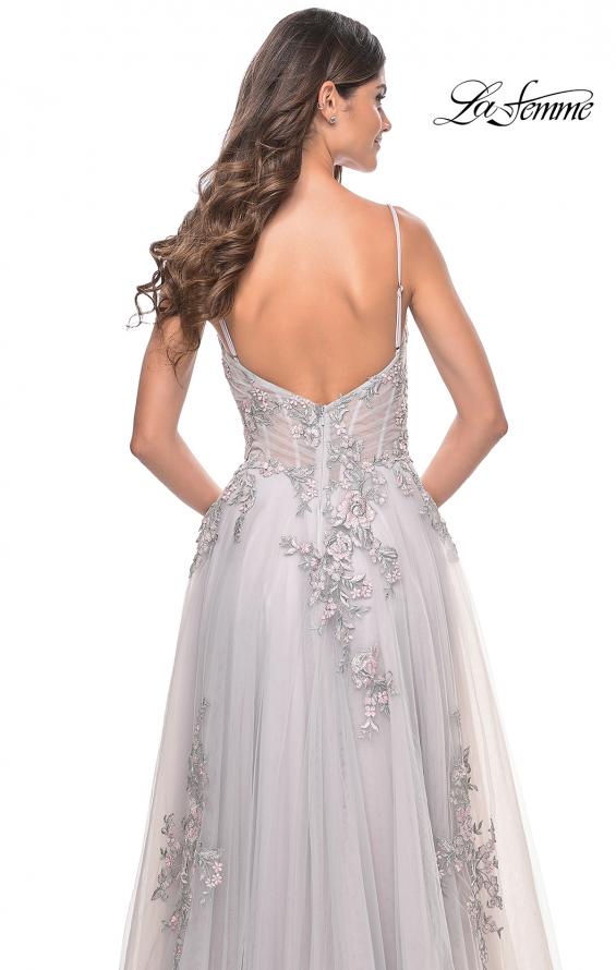 La Femme 31939 prom dress images. La Femme 31939 is available in these colors: Lavender, Light Blue, Sage, Silver.