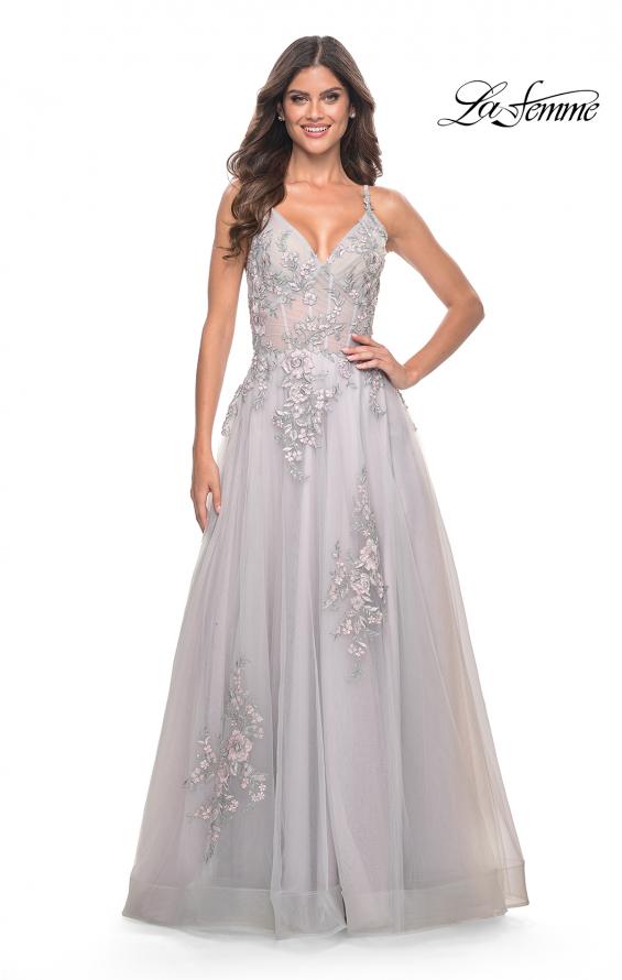 La Femme 31939 prom dress images. La Femme 31939 is available in these colors: Lavender, Light Blue, Sage, Silver.