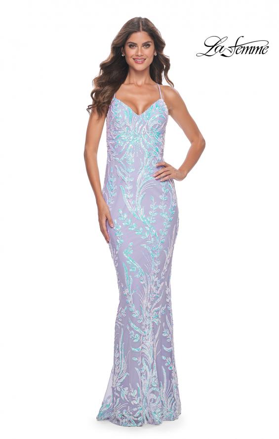 La Femme 31944 prom dress images. La Femme 31944 is available in these colors: Cloud Blue, Light Periwinkle, Light Pink.