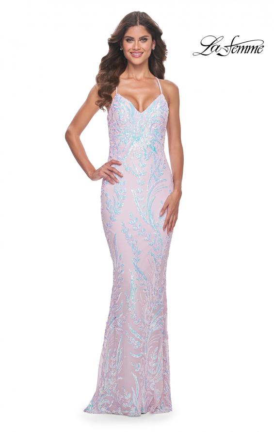 La Femme 31944 prom dress images. La Femme 31944 is available in these colors: Cloud Blue, Light Periwinkle, Light Pink.