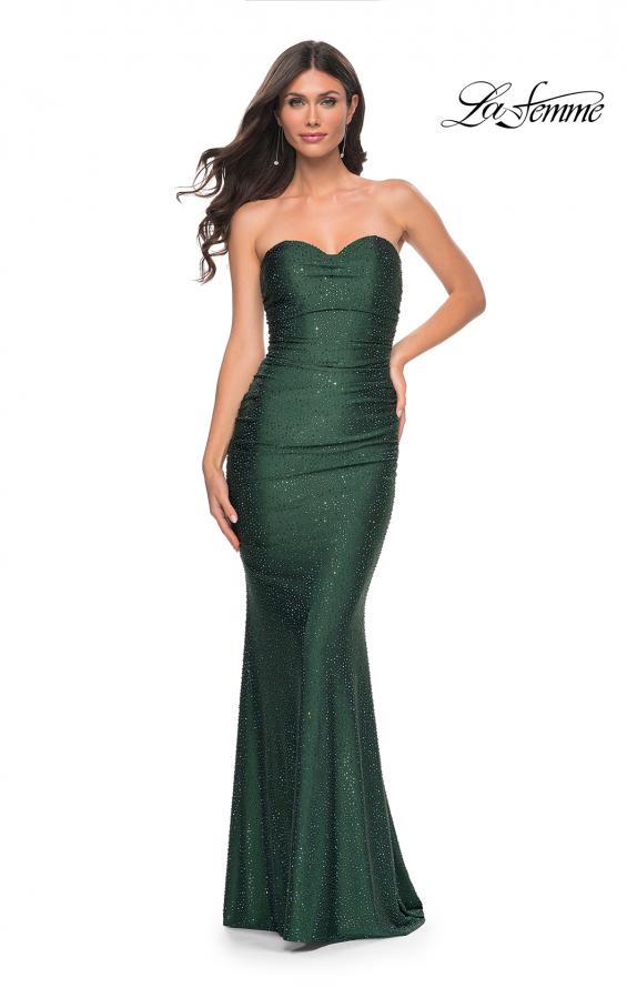 La Femme 31945 prom dress images. La Femme 31945 is available in these colors: Dark Berry, Emerald, Navy, Strawberry, White.