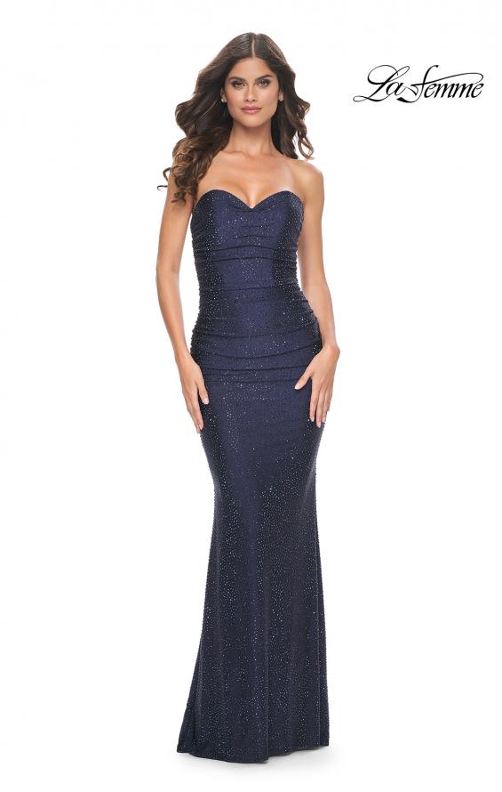 La Femme 31945 prom dress images. La Femme 31945 is available in these colors: Dark Berry, Emerald, Navy, Strawberry, White.