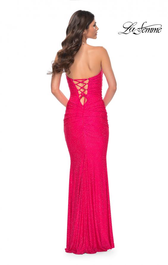 La Femme 31945 prom dress images. La Femme 31945 is available in these colors: Dark Berry, Emerald, Navy, Strawberry, White.