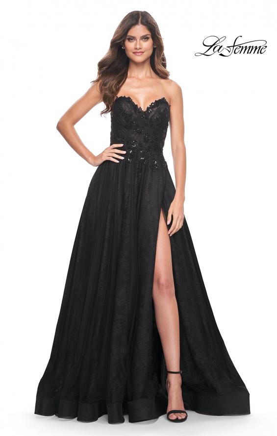 La Femme 31954 prom dress images. La Femme 31954 is available in these colors: Black, Dark Berry, Dark Emerald.