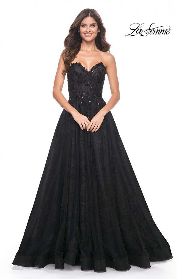La Femme 31954 prom dress images. La Femme 31954 is available in these colors: Black, Dark Berry, Dark Emerald.