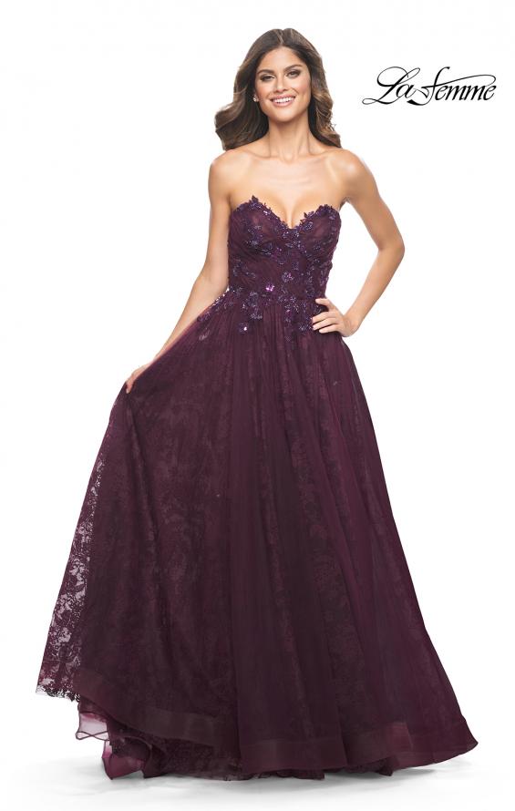 La Femme 31954 prom dress images. La Femme 31954 is available in these colors: Black, Dark Berry, Dark Emerald.