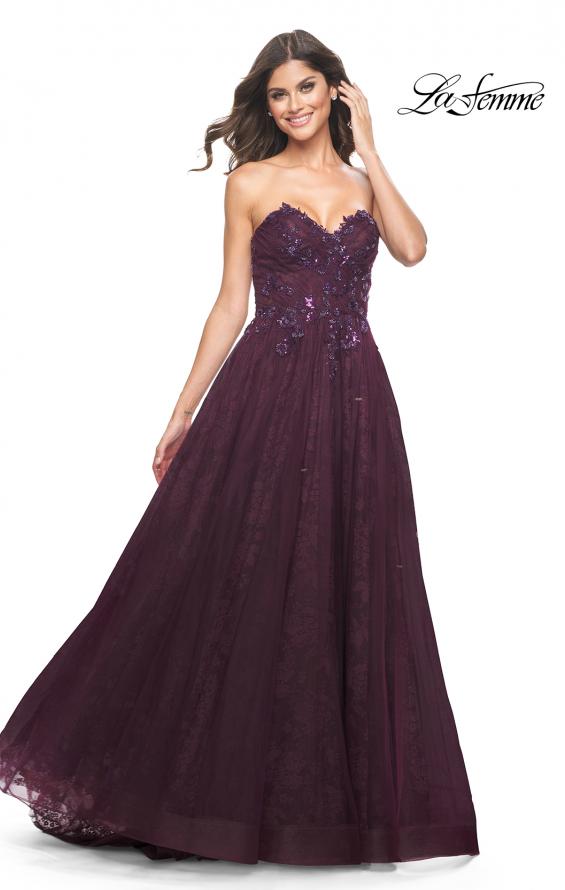 La Femme 31954 prom dress images. La Femme 31954 is available in these colors: Black, Dark Berry, Dark Emerald.