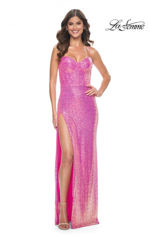 La Femme 31965 prom dress images.  La Femme 31965 is available in these colors: Aqua, Neon Green, Neon Pink, Orange, Purple.