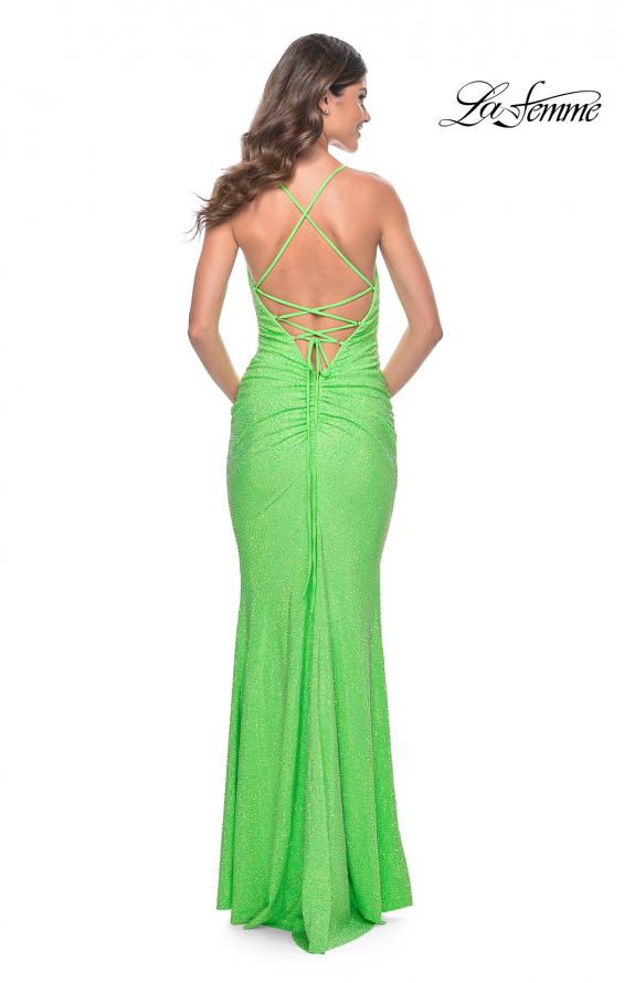 La Femme 31968 prom dress images. La Femme 31968 is available in these colors: Bright Green, Bright Orange, Fuchsia, Light Periwinkle.