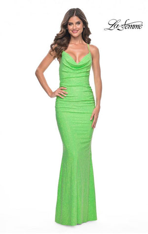 La Femme 31968 prom dress images.  La Femme 31968 is available in these colors: Bright Green, Bright Orange, Fuchsia, Light Periwinkle.