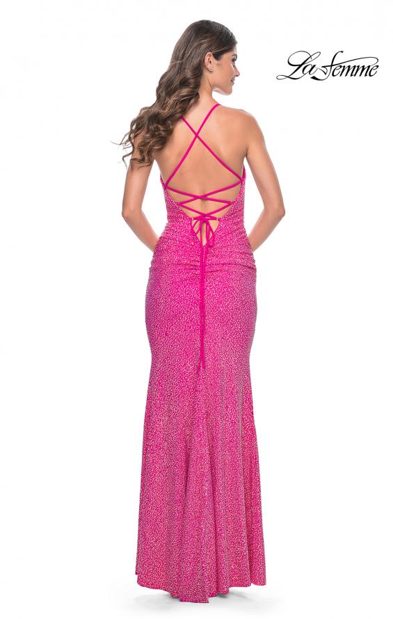 La Femme 31968 prom dress images. La Femme 31968 is available in these colors: Bright Green, Bright Orange, Fuchsia, Light Periwinkle.