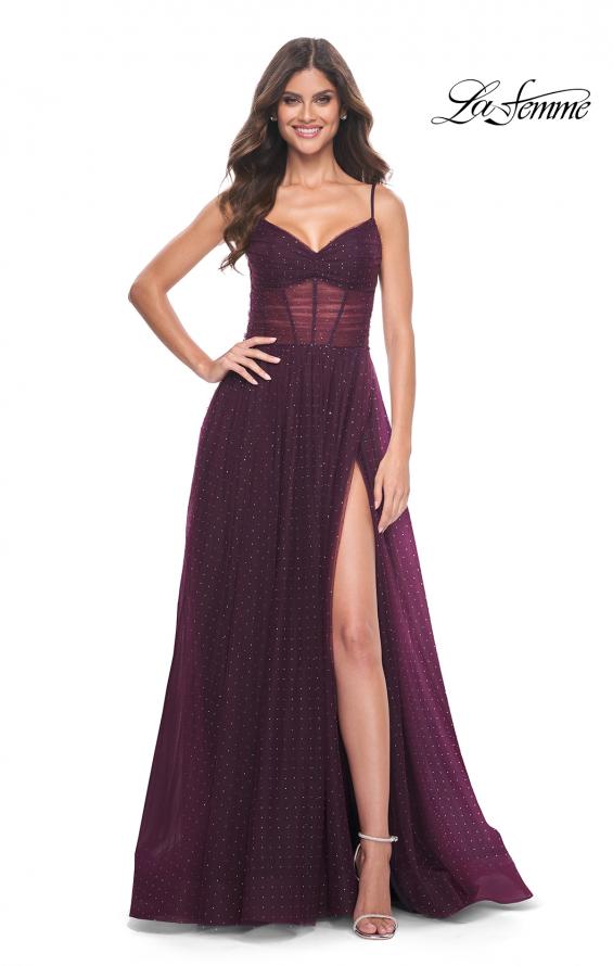 La Femme 31970 prom dress images. La Femme 31970 is available in these colors: Black, Dark Berry, Dark Emerald.