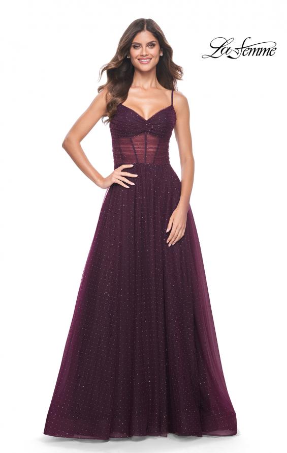 La Femme 31970 prom dress images. La Femme 31970 is available in these colors: Black, Dark Berry, Dark Emerald.