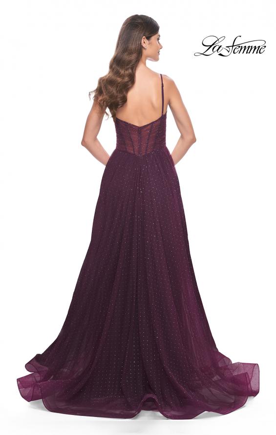 La Femme 31970 prom dress images. La Femme 31970 is available in these colors: Black, Dark Berry, Dark Emerald.