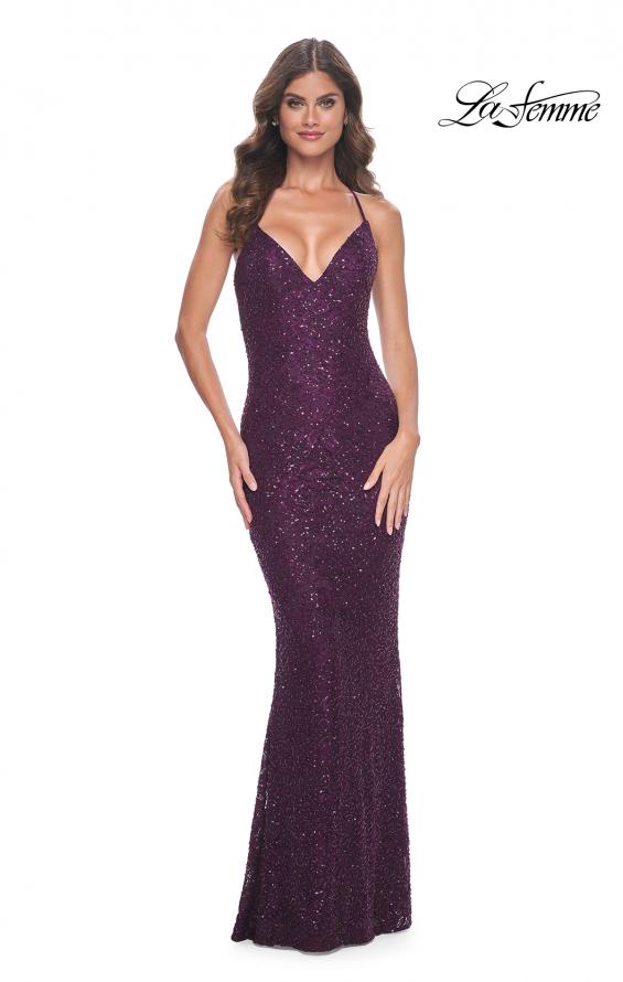 La Femme 31973 prom dress images. La Femme 31973 is available in these colors: Black, Dark Berry, Dark Emerald, Light Periwinkle.