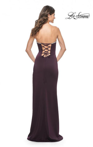La Femme 31977 prom dress images.  La Femme 31977 is available in these colors: Aubergine, Black, Emerald, White.