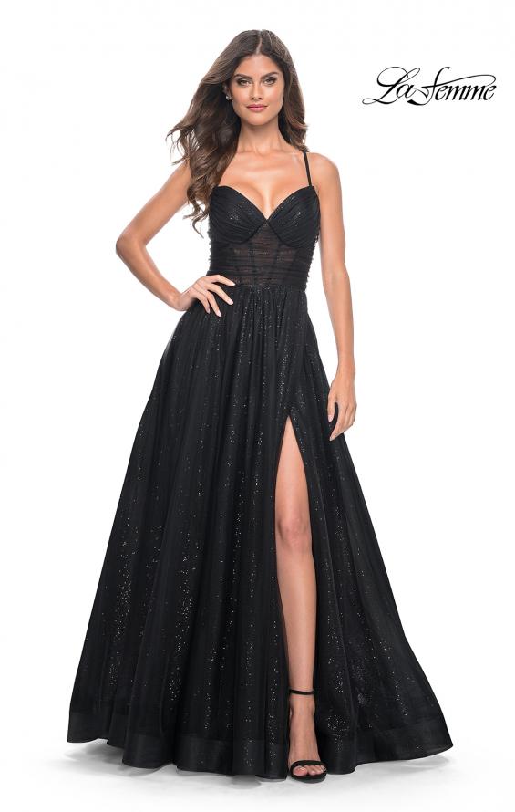 La Femme 31986 prom dress images. La Femme 31986 is available in these colors: Black, Dark Berry, Electric Blue.