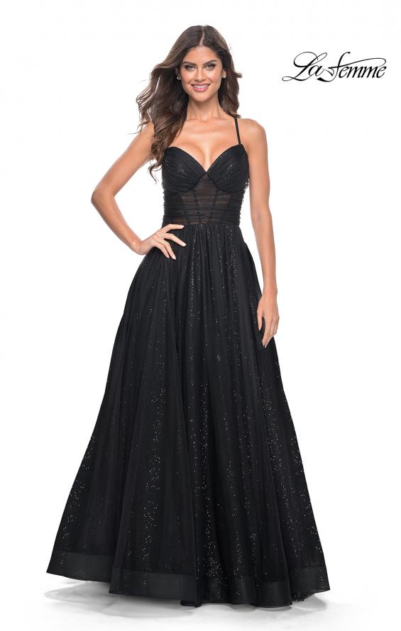 La Femme 31986 prom dress images. La Femme 31986 is available in these colors: Black, Dark Berry, Electric Blue.