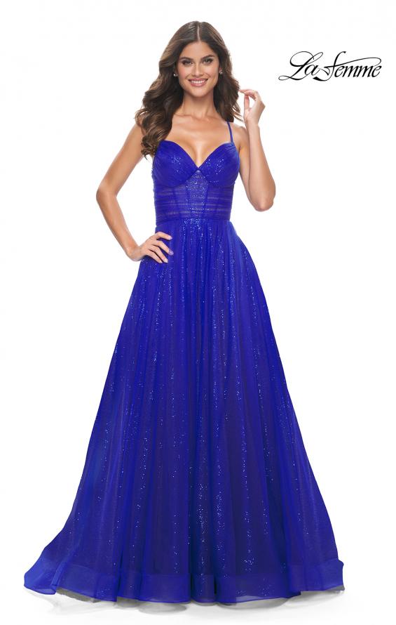 La Femme 31986 prom dress images. La Femme 31986 is available in these colors: Black, Dark Berry, Electric Blue.