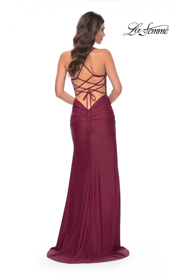 La Femme 31988 prom dress images. La Femme 31988 is available in these colors: Black, Dark Berry, Dark Teal.