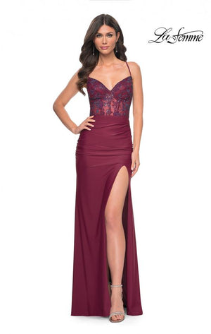 La Femme 31988 prom dress images.  La Femme 31988 is available in these colors: Black, Dark Berry, Dark Teal.