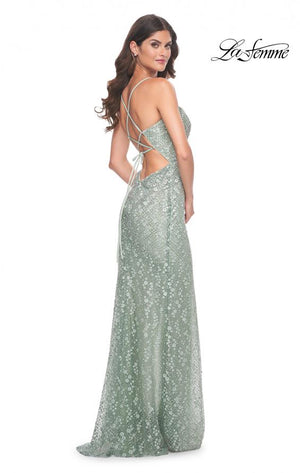 La Femme 31993 prom dress images.  La Femme 31993 is available in these colors: Lavender, Light Blue, Pale Yellow, Sage.