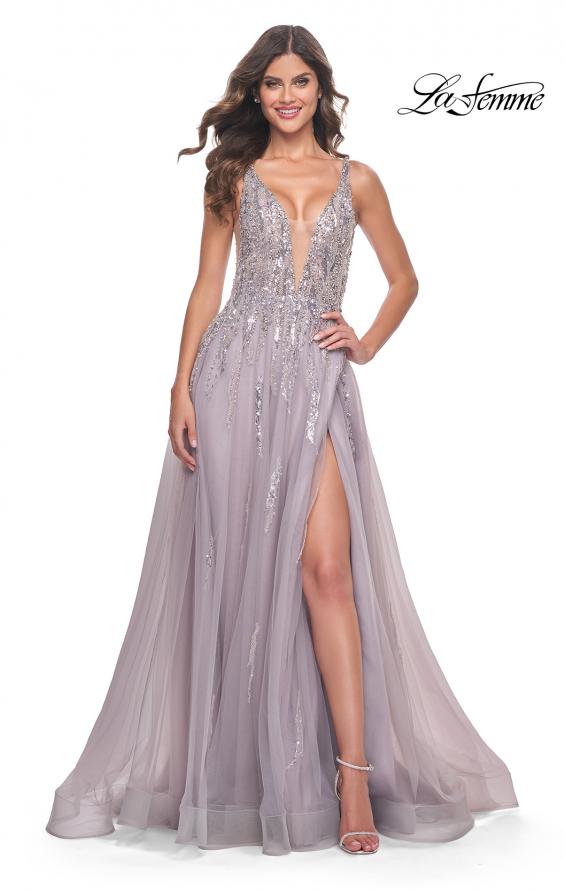 La Femme 31995 prom dress images. La Femme 31995 is available in these colors: Dusty Mauve.