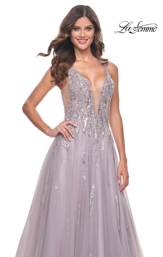 La Femme 31995 prom dress images. La Femme 31995 is available in these colors: Dusty Mauve.