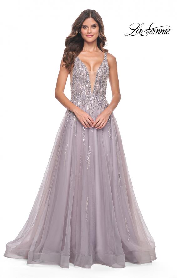 La Femme 31995 prom dress images. La Femme 31995 is available in these colors: Dusty Mauve.