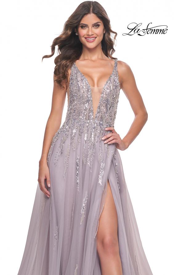 La Femme 31995 prom dress images. La Femme 31995 is available in these colors: Dusty Mauve.