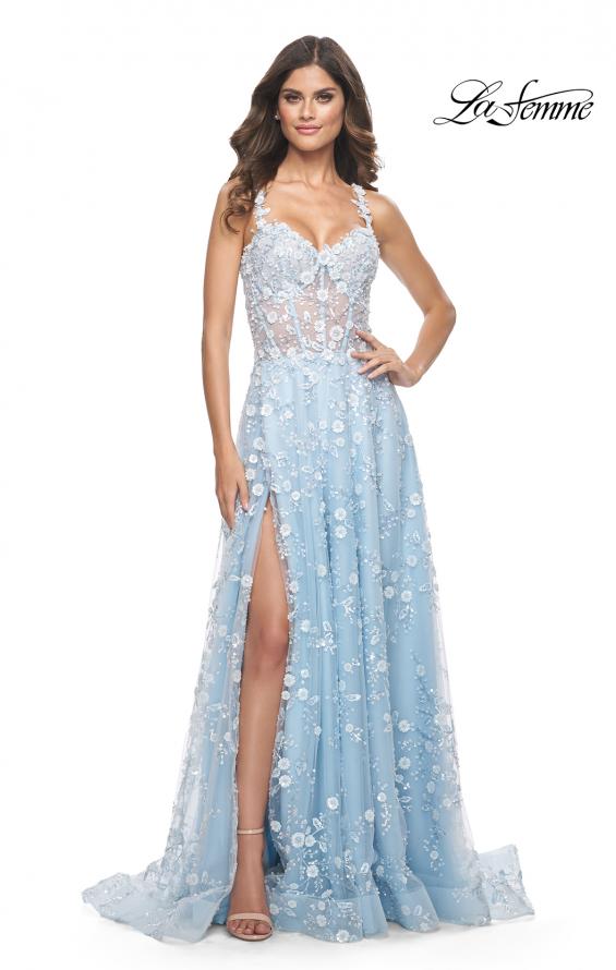 La Femme 31996 prom dress images. La Femme 31996 is available in these colors: Lavender, Light Blue, Pink.