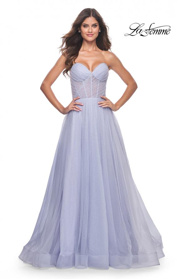 La Femme 31997 prom dress images. La Femme 31997 is available in these colors: Electric Blue, Hot Fuchsia, Light Periwinkle, Sage.