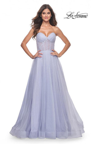 La Femme 31997 prom dress images.  La Femme 31997 is available in these colors: Electric Blue, Hot Fuchsia, Light Periwinkle, Sage.