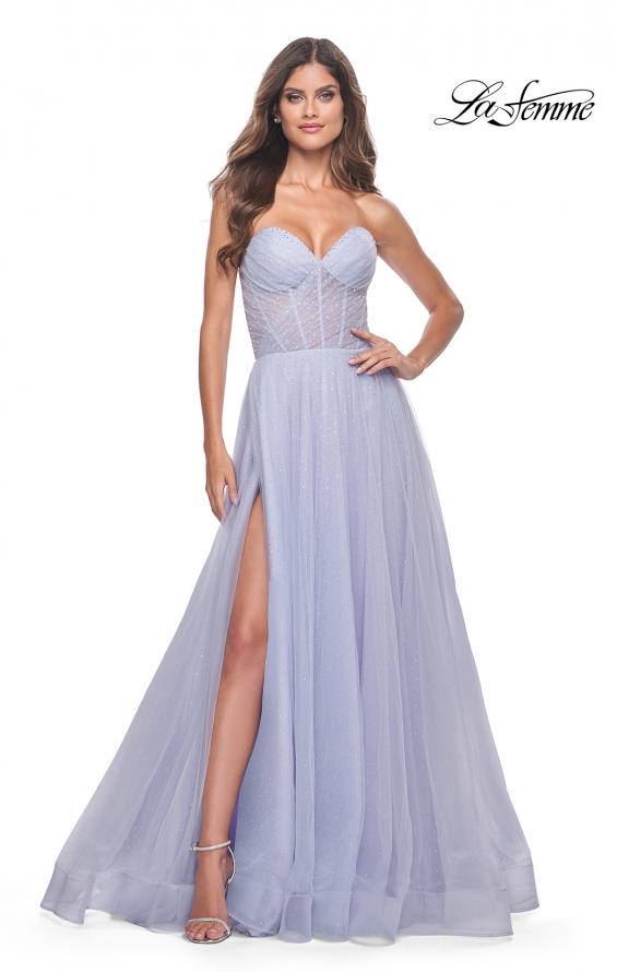 La Femme 31997 prom dress images. La Femme 31997 is available in these colors: Electric Blue, Hot Fuchsia, Light Periwinkle, Sage.