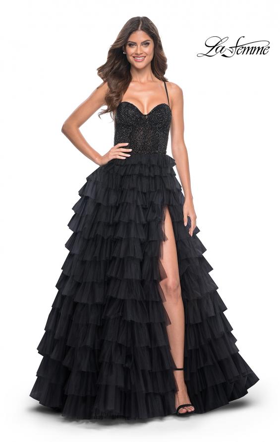 La Femme 32002 prom dress images. La Femme 32002 is available in these colors: Black, Royal Blue.