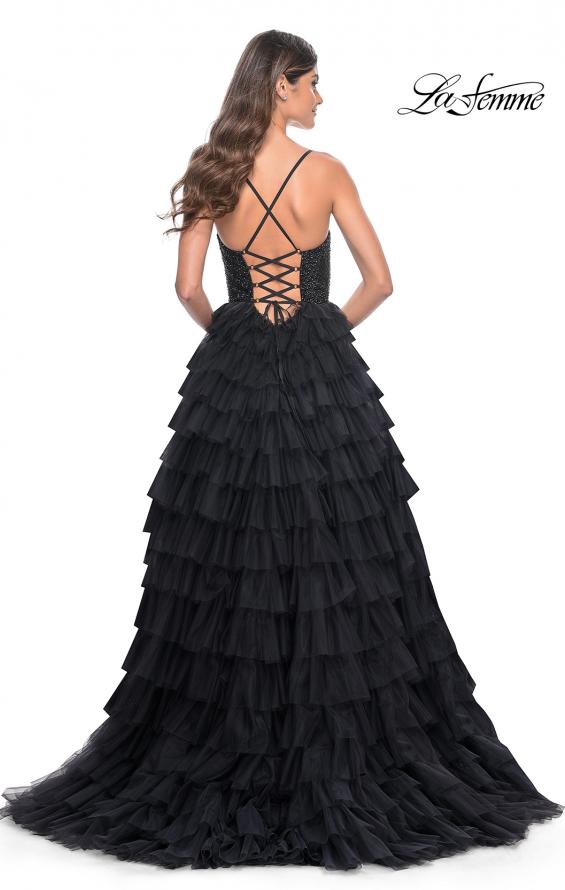 La Femme 32002 prom dress images. La Femme 32002 is available in these colors: Black, Royal Blue.