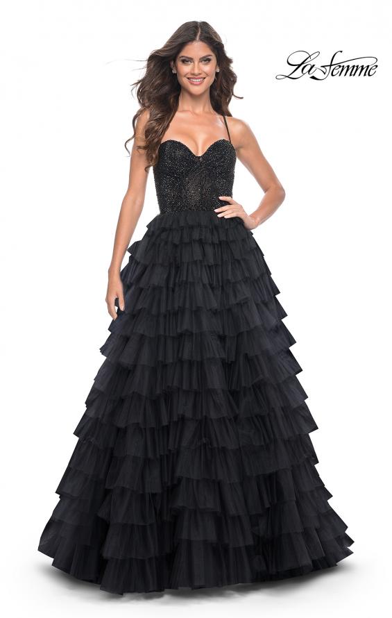 La Femme 32002 prom dress images. La Femme 32002 is available in these colors: Black, Royal Blue.