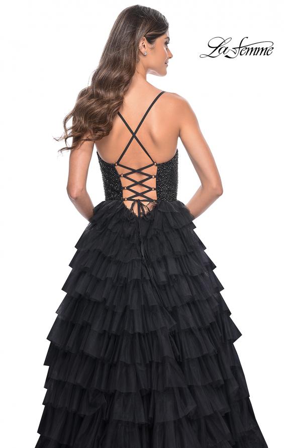 La Femme 32002 prom dress images. La Femme 32002 is available in these colors: Black, Royal Blue.