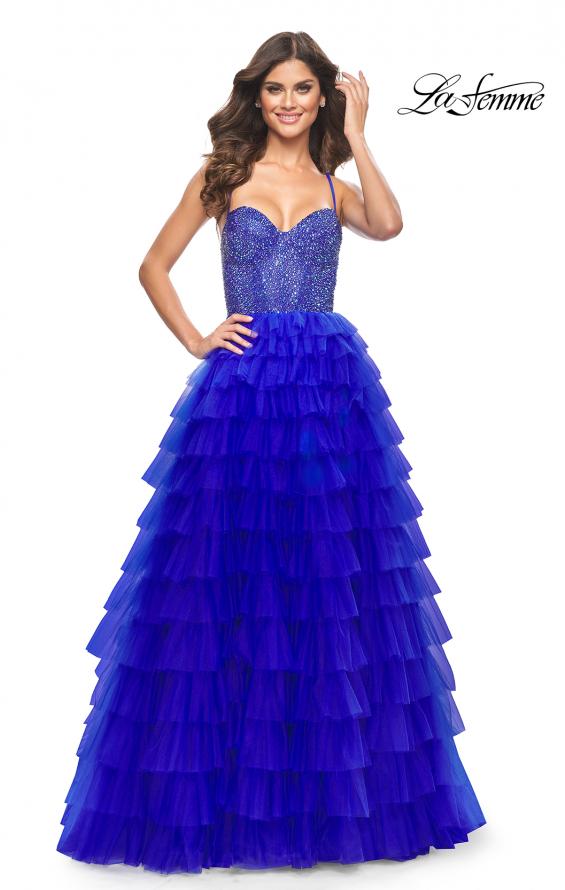 La Femme 32002 prom dress images. La Femme 32002 is available in these colors: Black, Royal Blue.