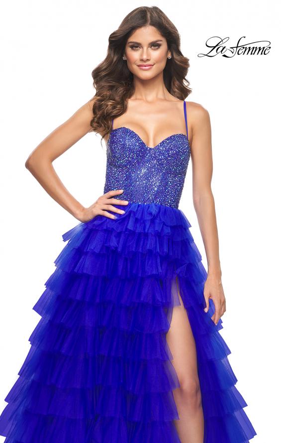 La Femme 32002 prom dress images. La Femme 32002 is available in these colors: Black, Royal Blue.