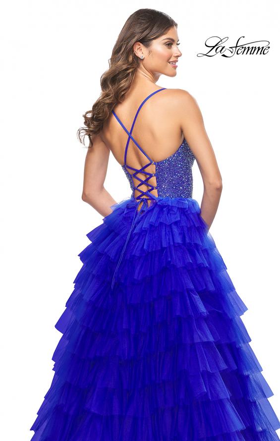 La Femme 32002 prom dress images. La Femme 32002 is available in these colors: Black, Royal Blue.
