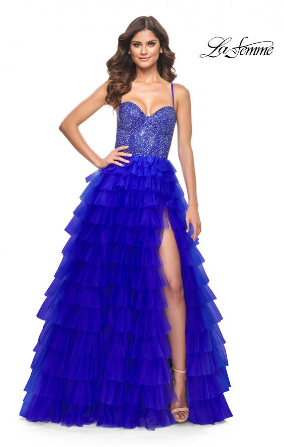 La Femme 32002 prom dress images. La Femme 32002 is available in these colors: Black, Royal Blue.