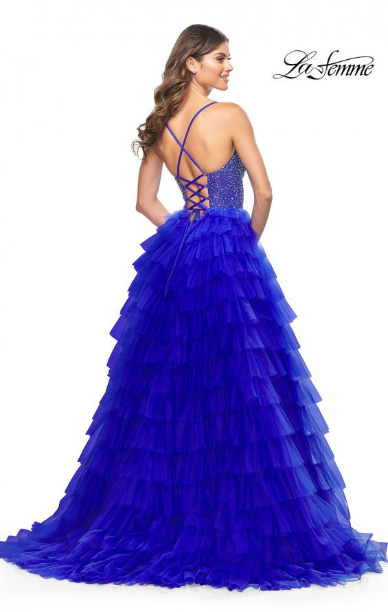 La Femme 32002 prom dress images. La Femme 32002 is available in these colors: Black, Royal Blue.
