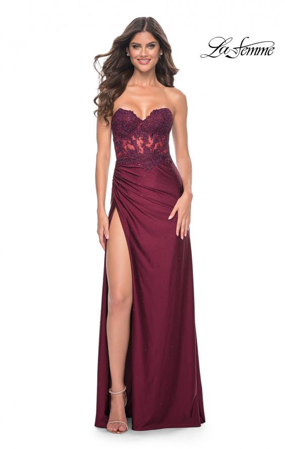 La Femme 32011 prom dress images. La Femme 32011 is available in these colors: Black, Dark Berry, Dark Emerald, Royal Blue.